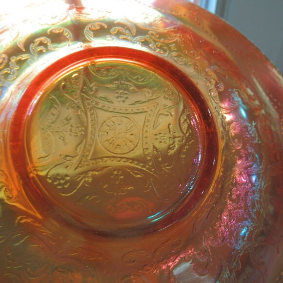 Federal Glass Madrid Marigold Carnival Glass 11" Console Bowl Embossed Floral - Picture 10 of 12